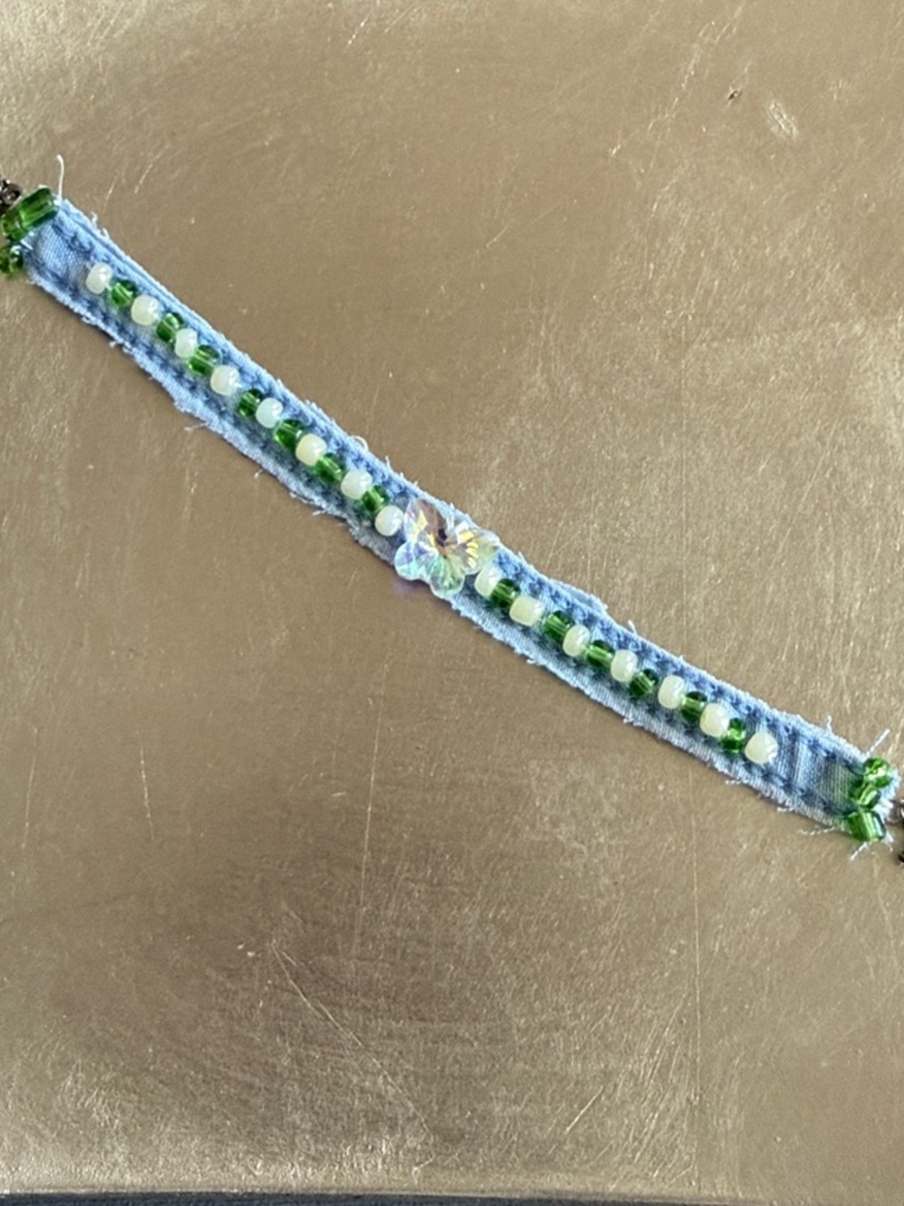 Boho Bracelet Upcycled Chambray Denim Butterfly Crystal Green Blue
